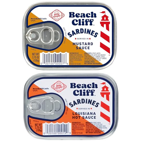 Beach Cliff Saucy Sardines Duo (2 Total Cans) - Sardines in Mustard Sauce and Sardines in Louisiana Hot Sauce - 3.75 oz Cans