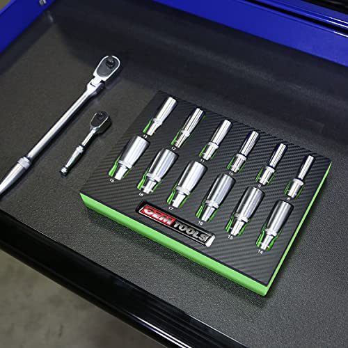Oemtools 23981 12 Piece 3/8" Drive Metric Socket Set, Deep Sockets From 8Mm To 19 Mm, Comes In Green And Black Tool Foam Organizer Tray, Tool Box Organizer #TOP4