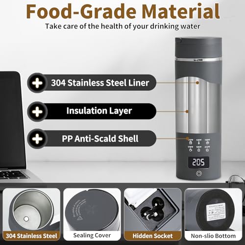 Image of Travel Electric Kettle, LCD Display with 6 Temperature Settings, 304 Stainless Steel, 450ml /15.2oz, Auto Shut-Off and Boil-Dry Protection, Compact Portable Electric Kettle, Gray