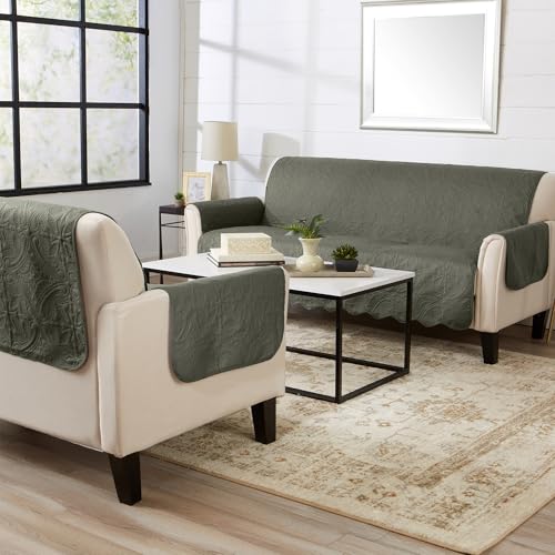 Image of Great Bay Home Reversible Sofa Cover - Washable Slipcover Furniture Protector with Elastic Straps - Perfect for Kids & Pets - Quilted & Stitched Detail (Sage Green /Light Gray)