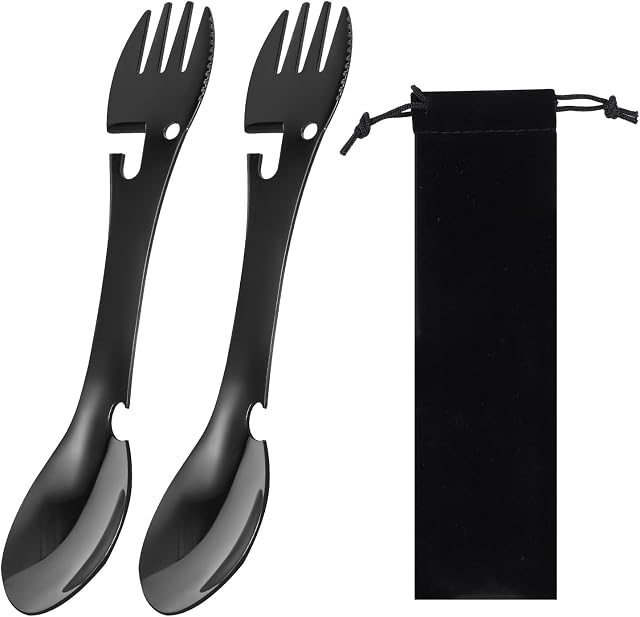 2PCS Camping Spork, Stainless Steel Spork Spoon Bottle Opener 5 in 1 Functional Utensil with Cloth Case for Travel Camping Cutlery