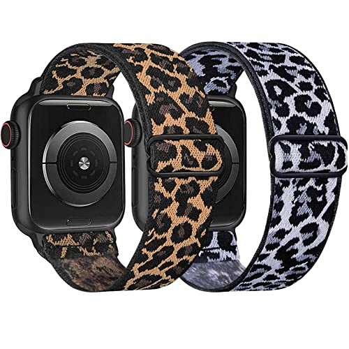 Nylon Stretchy Watch Bands Compatible with Apple Watch Band 38mm 40mm 41mm 42mm 44mm 45mm, Adjustable Leopard Sport Strap Women Men Solo Loop Wristbands for iWatch Series 7 6 5 4 3 2 1 SE, 2 Packs