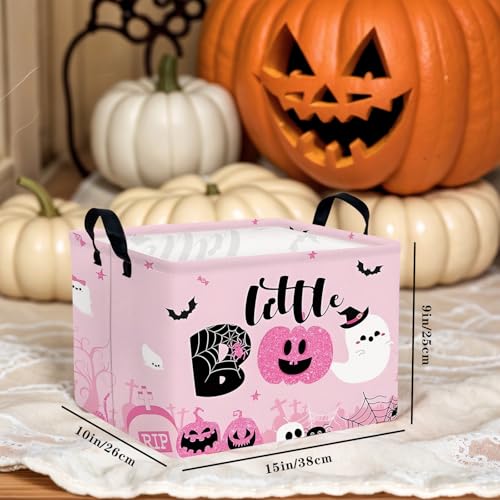 Image of Halloween Basket Gift Cute Pumpkin Ghost Parties Decor Kid Trick or Treat Basket for Boys and Girls Rectangular Storage Bin Box (Pink)