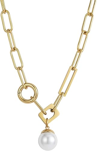 Collar con colgante de perlas barrocas para mujer, cadena de eslabones de clip gruesa chapada en oro de 18 quilates, dije retro hecho a mano,