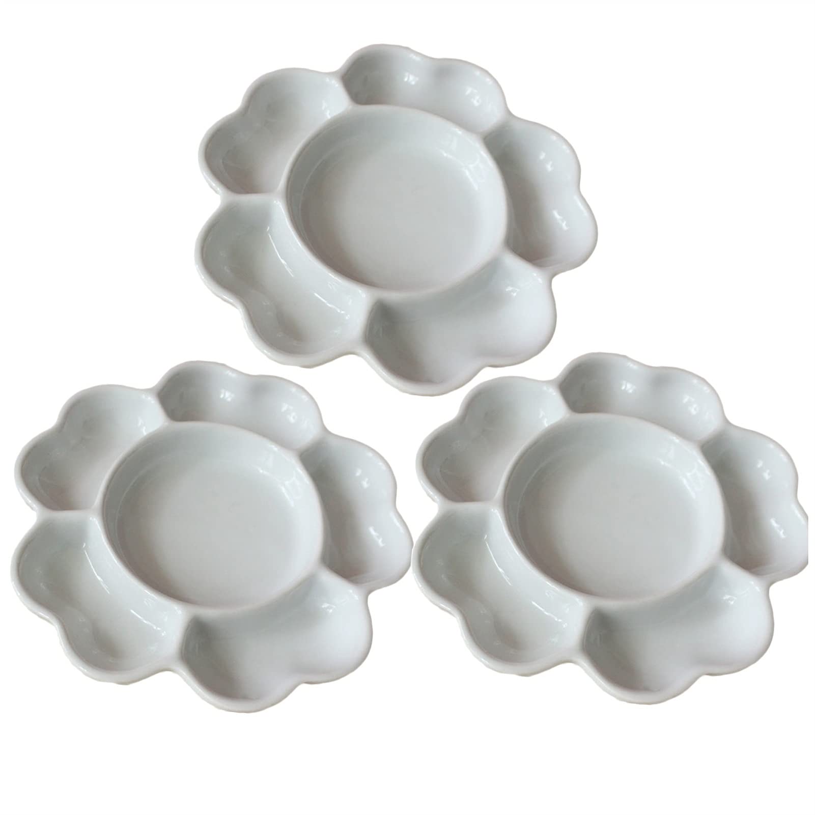 Flat Paint Mixing Palette， White 3pcs Petal 6-Well Ceramic Mix Palette For Watercolor Gouache Acrylic Oil Paint