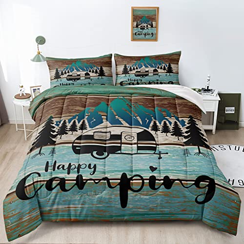 Bducok Happy Camping Bedding Sets King Size Camper Comforter Set For Boys Kids Girls Microfiber Rv Inside Decor Bedding Rustic Vintage Farmhouse Style Comforter Camping 3021,King #TOP23