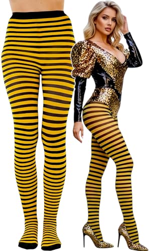 ToBeInStyle Women's Opaque Striped Pantyhose Stocking Hosiery - One Size Plus - Black/Yellow - One Size: Plus