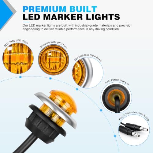 Image of Nilight 3 /4 inch Round Marker Lights 10PCS Amber with 304 Stainless Steel Bezel | Side Bullet Clearance Light with IP68 Waterproof Hardwired 2 Wire Connectors and Bright LED for 12V Trailer Truck Camper Boat