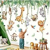 decalmile Stickers Muraux Animaux de la Jungle Pendaison Vigne Autocollant Mural Safari Girafe Tigre Singe Feuilles Tropicales Décoration Murale Chambre Salle de Jeux Bébé Pépinière