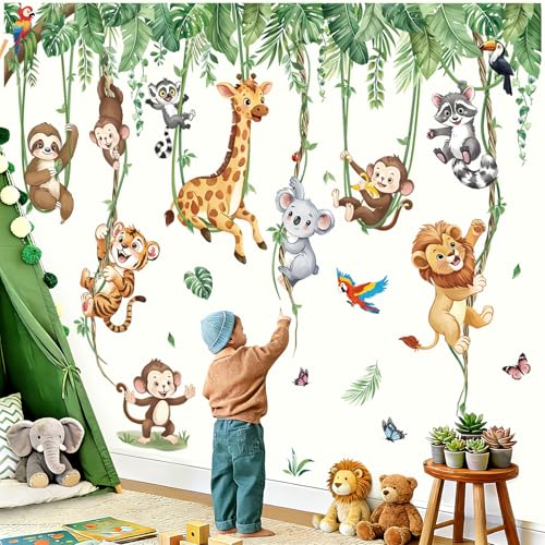 decalmile Jungle Animals Hanging Vine Wall Stickers Safari Giraffe Lion Tiger Tropical Leaves Wall Decals Baby Nursery Kids Bedroom Playoom Home Decor