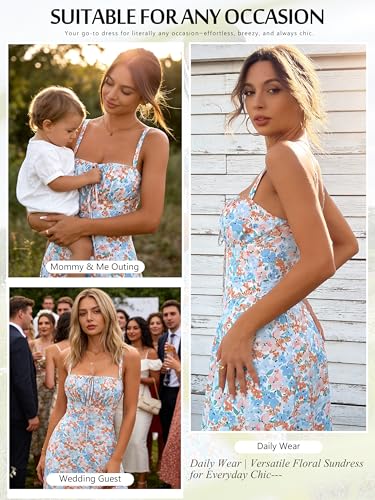 Image of YATHON Women's Summer Midi Corset Boho Dresses Spring Casual Floral Spaghetti Straps Lace Up Dress Flowy Aline Beach Sundress