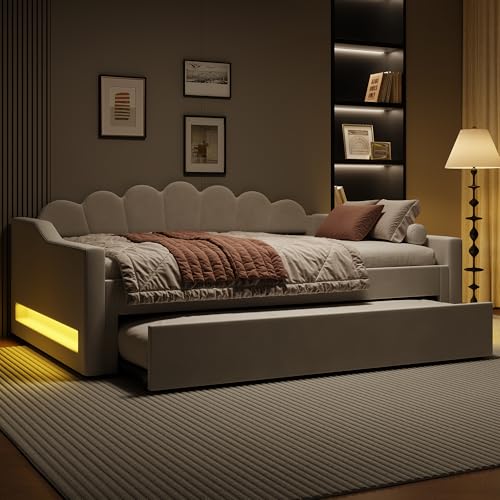 LinoraFurn Cama de día acolchada de 140 x 200 cm con cinturón LED y cama nido (beige)