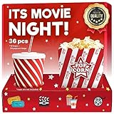 Movie Night Accessories 36 Pcs - Popcorn Buckets (24ct) & Movie Night Trays (12ct) - Movie Theater Decor & Popcorn Bowls For Family Movie Night Supplies, Popcorn Bags & Movie Snack Trays