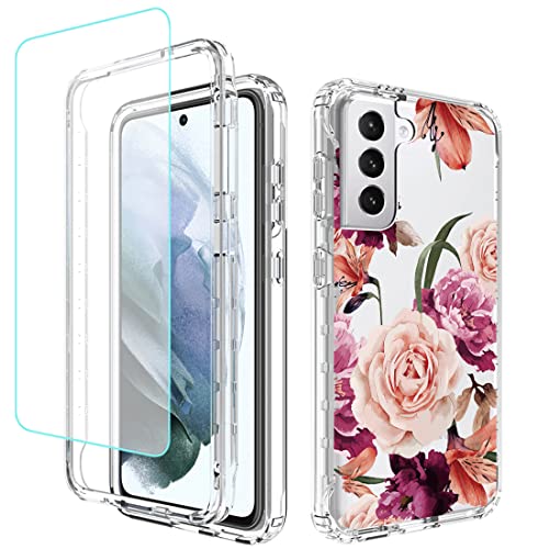 Bohefo Case For Galaxy S21 Fe 5G Case, Sm-G990U Case With Tempered Glass Screen Protector, Full Body Cute Floral Bumper Shockproof Protective Phone Case Cover For Samsung Galaxy S21 Fe (Purple Flower) #TOP4