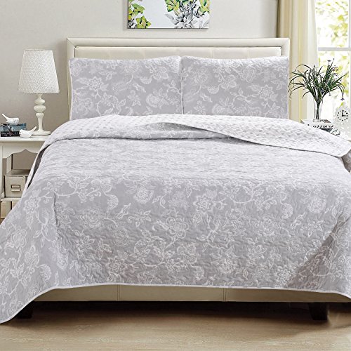 Great Bay Home 3-Piece King Reversible Lightweight Quilt Comforter With 2 Shams | All-Season, Microfiber, Floral Bedspreads | Modern Grey Flower Coverlet Sets | Emma Quilts Collection #TOP1