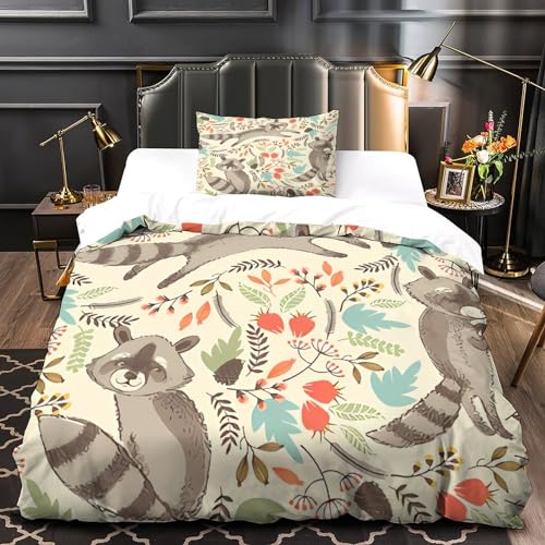 Funda nórdica de mapache con estampado 3D de flores y plumas 4