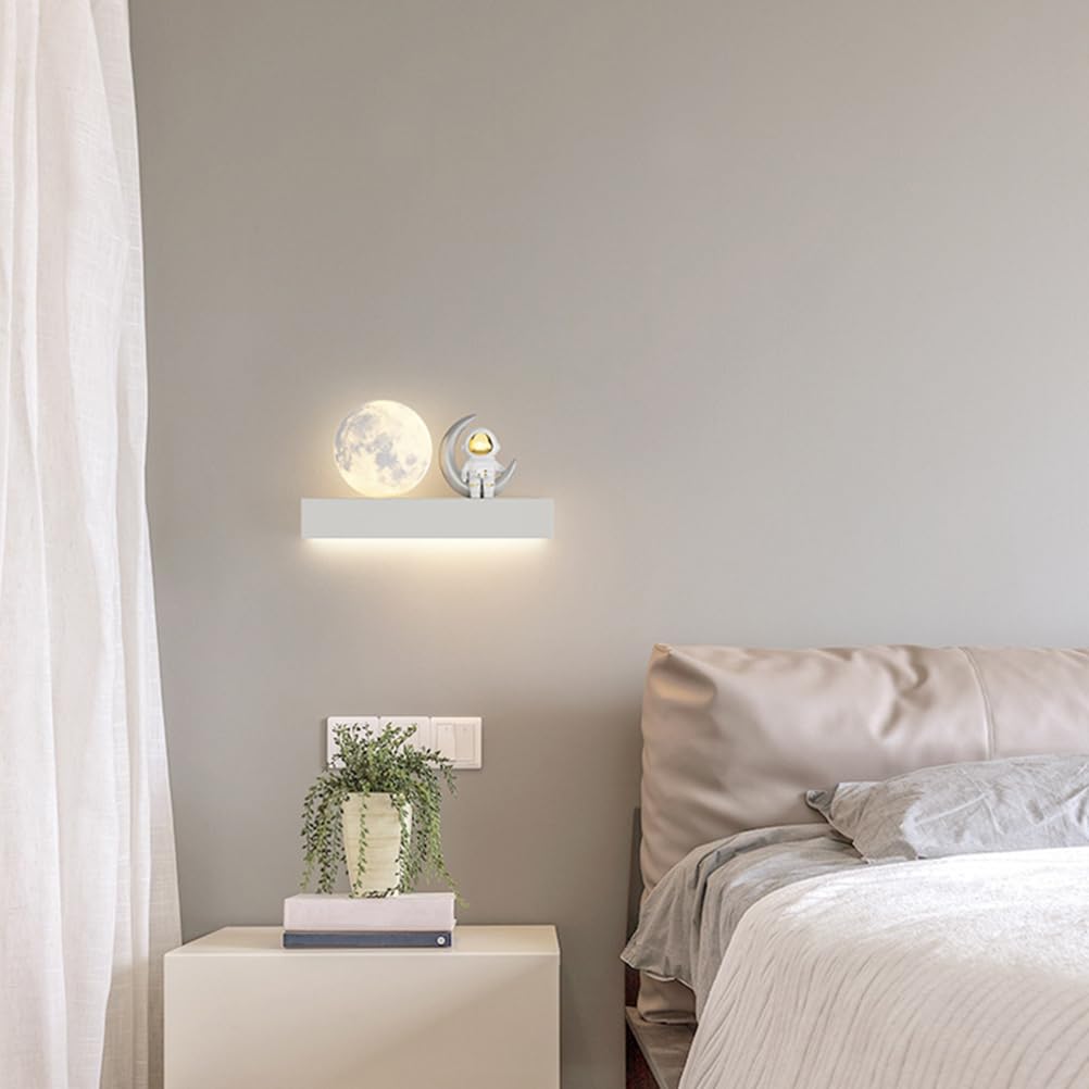 AoLa Mond Wandleuchte Kinderzimmer LED Astronaut Wandlampe lnnen Modern Kreative Cartoon Sternenhimme Astronaut Mond Lampe Nachttischlampe für Junge Mädchen Schlafzimmer Wohnzimmer,Weiß