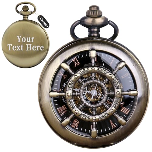 Image of Men's Mechanical Hollow Rudder Design Hand Wind Pocket Watch Roman Numerals Steampunk with Chain Box