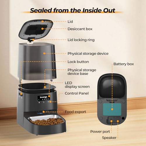 Invengo Comedero Automático para Gatos, Dispensador de 5L con Control por App, Wi-Fi 2,4/5G, Doble Alimentación, Porciones Programables, Anti-Atasco & Fresh-Lock, Cuenco de Acero Inoxidable, Fácil de - imagen 8