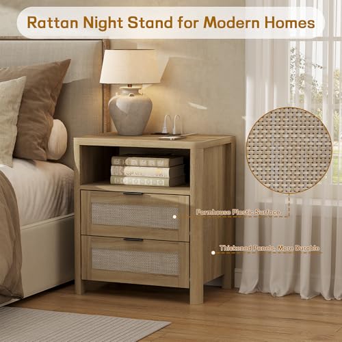 Image of Boho Nightstand Set of 2 with Charging Station, Bedside Table with Drawer & Open Storage Shelf, Mid-Century Modern End Table Rattan, Accent Side Table with Rounded Corners for Bedroom Living Room