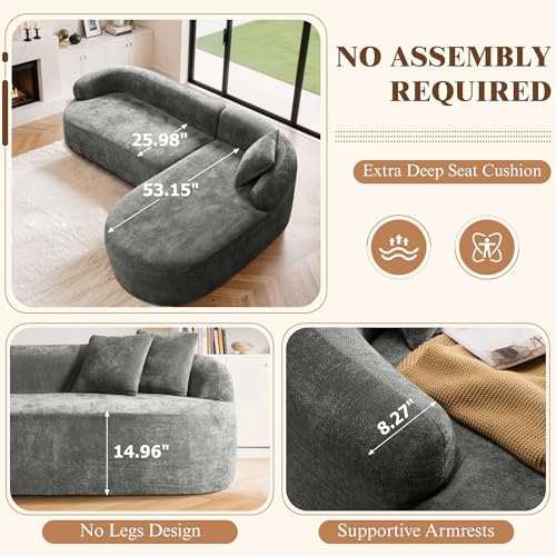 Image of 99 inch Curved Sectional Sofa with Chaise, Gray, Right Chaise+Left Sofa | Modern Boneless Couch, Deep Seat, L Shaped 3-Seater Cloud Couch, No Assembly Needed, Chenille