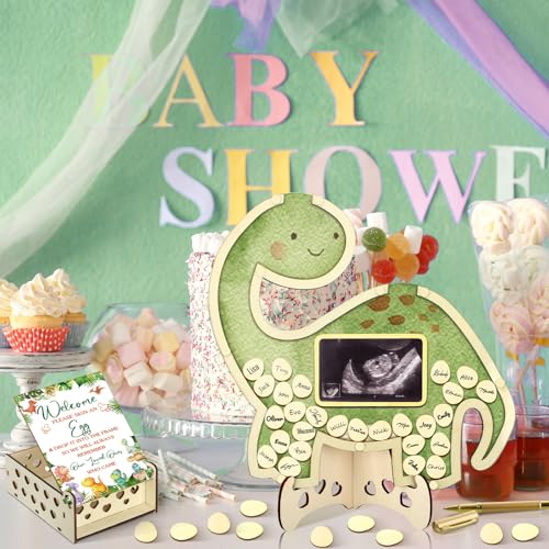 Image of Wenqik 63 Pcs Dinosaur Baby Shower Guest Book Alternatives Set Baby Shower Decorations with Photo Frame Sonogram Frame Keepsake 60 Wood Slices Guest Book for Birthday