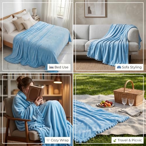 Image of SANMARINO 250 GSM Flannel Blanket for Double Bed | Ultra Soft Velvet Touch Throw Blanket with Decorative Pom Pom Fringe | Lightweight & Breathable All-Season /Mild Winter -228x228 cm,Aqua