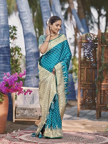 Image of MANOHARI Women's Trendy Banarasi Satin Silk Woven Saree with Heavy Jacquard Work, Elegant Design, Silk Saree with Maching Lace Border Unstitched Blouse Piece for Weddings & Festive Occasions