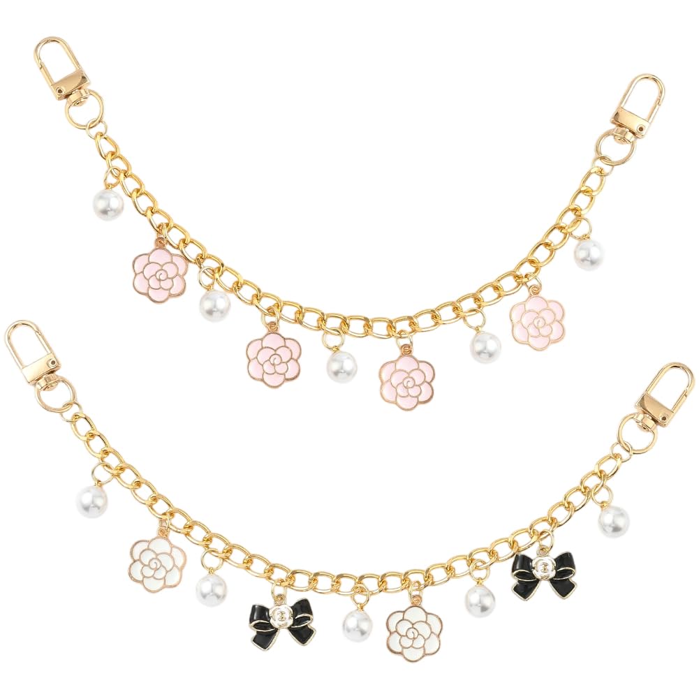 SUNNYCLUE 1 Box 2pcs 27cm Flower Bag Chain Floral Purse Chain Brass Gold Metal Alloy Enamel Spring Flowers Black Bowknot Extender Bag Straps for Women Adults Underarm Crossbody Handbag Bags Decoration