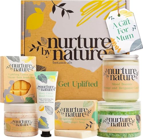 NURTURE BY NATURE Spa Gift Set – 6 Piece Uplifting Pamper Gift Set for Women with Soap, Body Scrub, Hand Cream & Candle – Vegan - Valentines Gifts for Her, Mothers Day Gifts, Self Care Birthday Gift