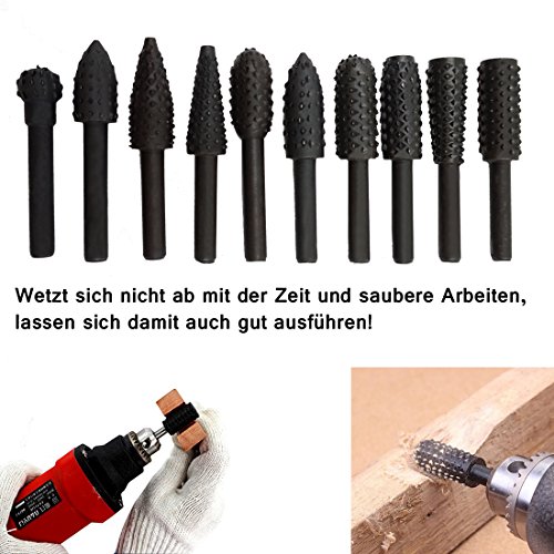 Holzraspel Raspel Set Feilen 10 tlg Holz Bohrer Fräser Set Bohrmaschine Schaft Werkzeug Holzschnitzerei Kugelfräser Zylinderfräser Zapfenfräser Konusfräser