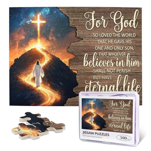 Christian Jigsaw Puzzles 500 Pieces for Adults, John 3:16 with Jesus' Path to Glowing Cross Under Stars, Uplifting Bible Verse Wooden Puzzle, Faith-Based Gift​