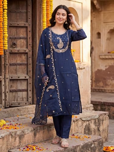 Image of INDO ERA Women's Viscose Self Design Straight Kurta with Pant & Dupatta Set