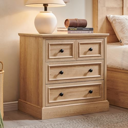 Image of ACCOHOHO 26 inch W Nightstands Set of 2, Farmhouse End Table with 4 Drawers for Storage, Nightstand with Charging Station for Bedroom, Natural Oak