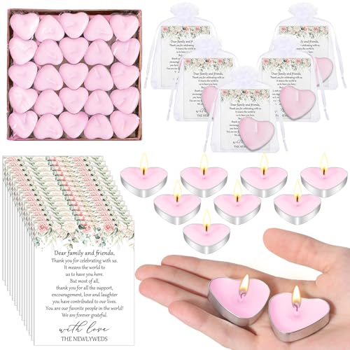 Threlaco 100 Sets Wedding Gifts: 100 Heart Shaped Candles, Mini Candles, Thank You Cards & Organza Bags (Love, Pink)