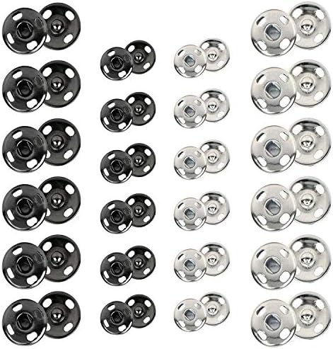 Kenkio 120 Sets Sew-on Snap Buttons Metal Snaps Fasteners Press Studs Buttons for Sewing , 8 mm and 10 mm,Black and Silver