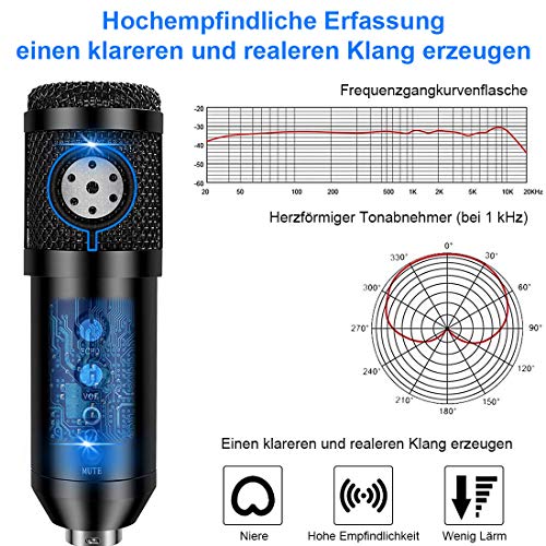 USB Mikrofon, Kondensator Mikrofon Kit mit One Touch Stummschaltung & Mikrofonständer Mikrofonarm Popschutz für… – Bild 3