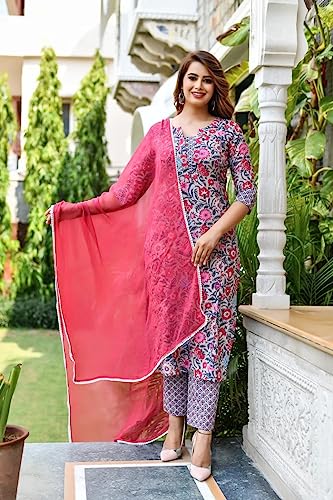 Image of Leriya Fashion Cotton Printed Kurta Sets for Woman | V Neck Festive Anarkali Suit for Women | Ethnic Kurta Set with Dupatta for Women | Wedding Kurti Set for Woman