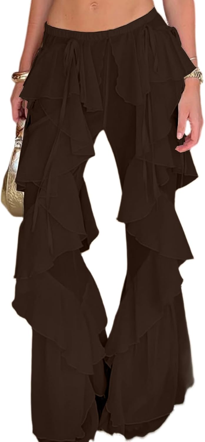 Unybwonn Womens High Waisted Ruffle Flare Pants Mesh Sheer Solid Color Wide Leg Flowy Beach Travel Trousers
