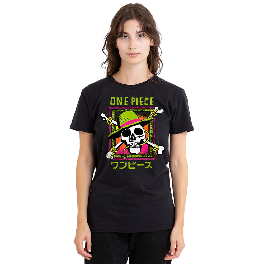 One Piece Jolly Roger Colourful Logo Ladies T Shirt, Black, Small