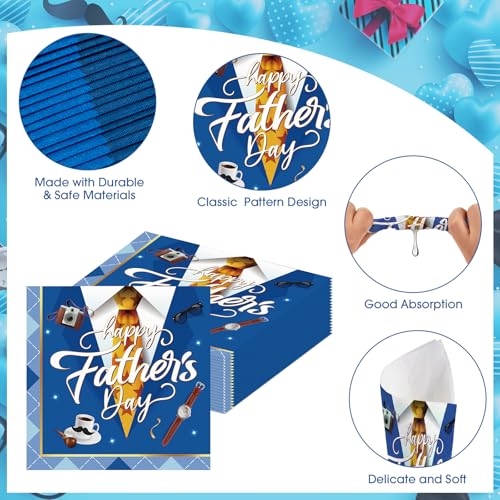 40 Pcs Happy Fathers Day Napkins - 6.5 Inch Blue Father Days Paper Napkins, 3-Ply Disposable Dad Day Cocktail Napkin Hand Towel Set for Happy Father's Day Party Supplies Table Decorations Favors — view 5