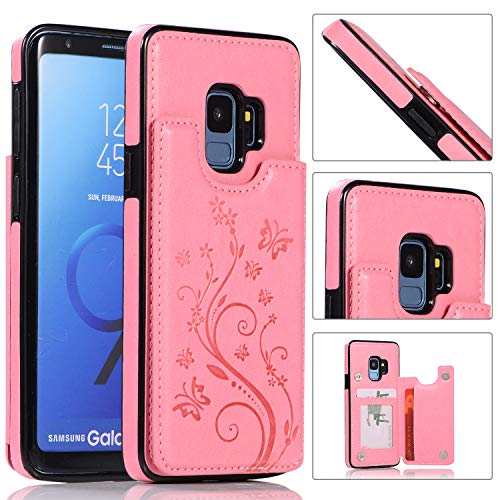 QFUN Back Wallet Case for Samsung Galaxy S9 with Stand, Elegant Embossed Design [Butterfly Flower] Lightweight Slim Fit Leather Phone Case with Card Holder Protective Bumper Flip Cover - Pink