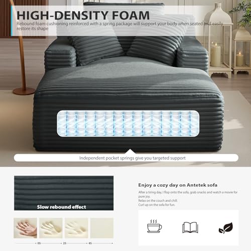 Image of 67 Inch Chaise Lounge Chair Indoor, Oversized Corduroy Upholstered Boneless Sofa Bed, Deep Seat Sleeper Couch Reading Chairs, Cloud Sofas Couches for Living Room, No Assembly Required (Dark Grey)