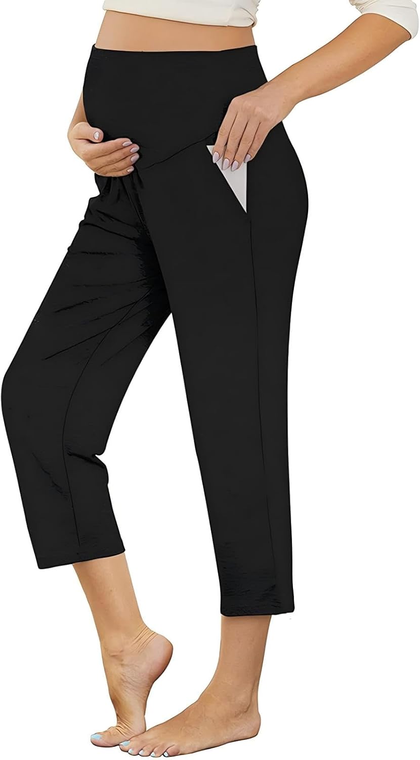 Maternity Pants Capri Pregnancy Trousers Over The Belly Casual Pajama Bottoms Yoga Pants with Pockets S-XXL