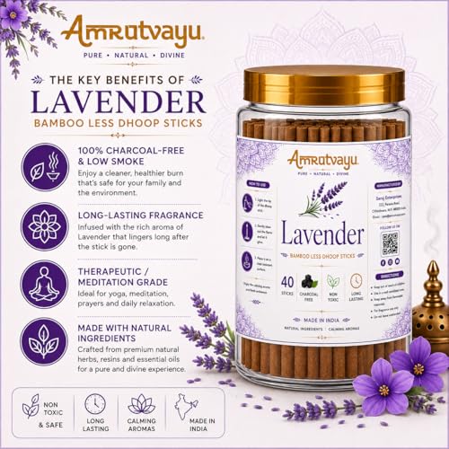 Image of Lavender Dhoop Sticks 4 inch 6mm Bamboo Less Incense Dhoop 40 Sticks for Pooja | No Charcoal Dhoop Batti with Holder Stand | Fragrance for Home, Mediation Relaxation