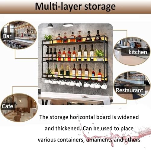 ZYYLIVR LED Wall Mounted Wine Rack - 3 Tier Metal Bar Shelf, Wine Glass Holder & Liquor Bottle Display, Stylish Stemware Goblet Organizer for Home Cellar (Black, 31.5x35.4in)