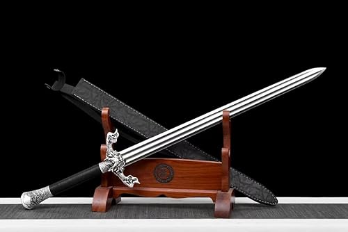 Espada china, espadas de dragón volador real (cuchillas de doble ranura de acero forjado de resorte, vaina de PU)