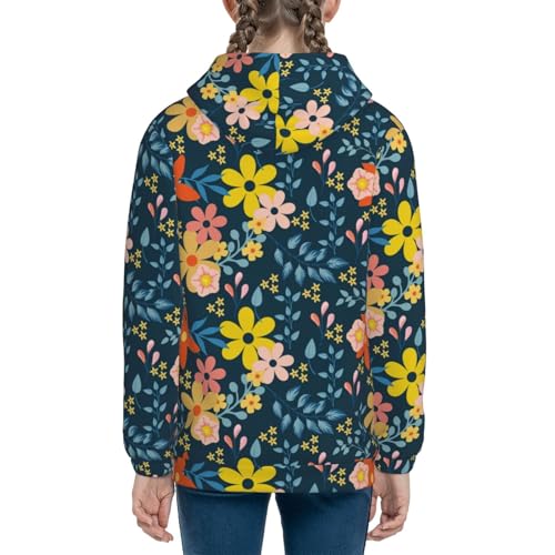 Blue Floral Kids Pullover Hoodies Boys Sweatshirts Girls Athletic Clothes with Pocket4