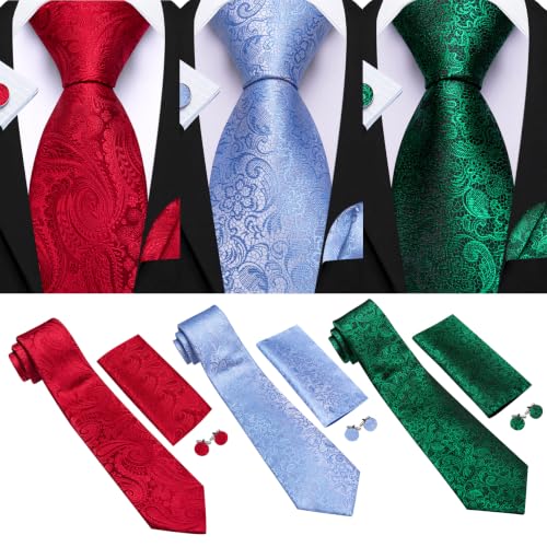 Image of Barry.Wang 6 PCS Men Ties Set Silk Business Fashion Woven Necktie Handkerchief Cufflinks Paisley Stripe Wedding Party
