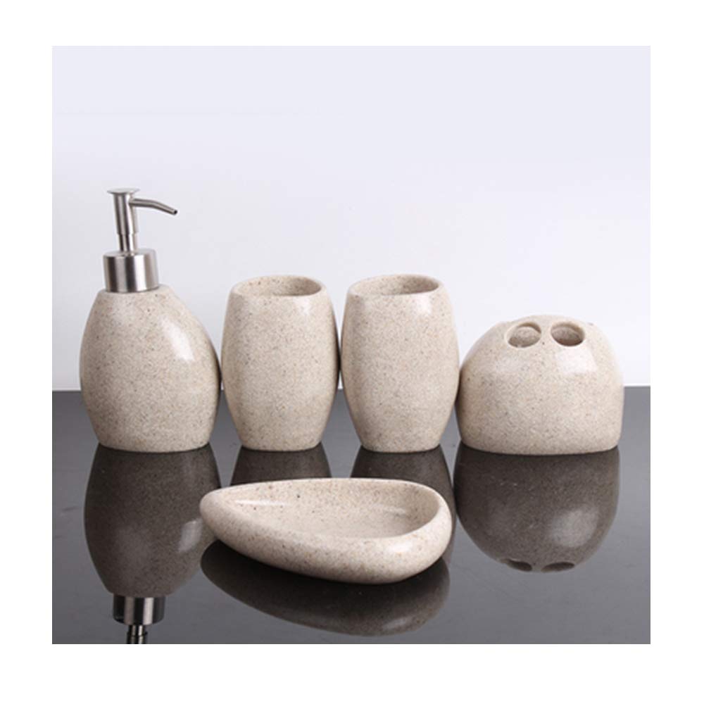 Estilo Moderno Juego de Accesorios de Baño de Resina Conjunto de Baño con Porta Cepillo de Dientes, 2 Tazas, Dispensador de Jabón Líquido, Jabonera, Creatividad de Arenisca,Without Tray